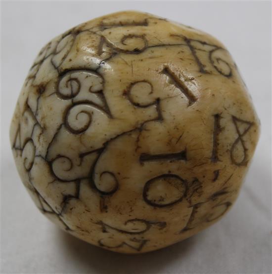 A rare English ivory Teetotum gambling ball, mid 18th century, approx. 1.9in. diameter